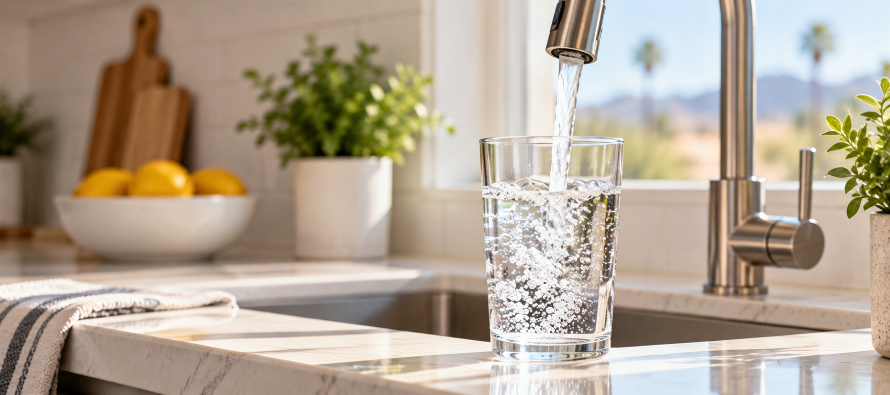 Clear glass of water being filled from a kitchen faucet in a Yuma, AZ home.